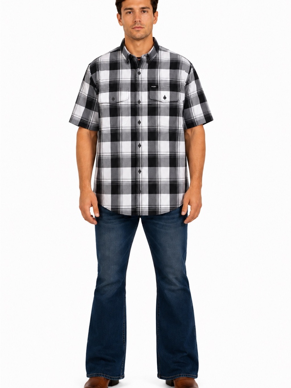 Wrangler Black & White Plaid Short-Sleeve Button-Down Shirt